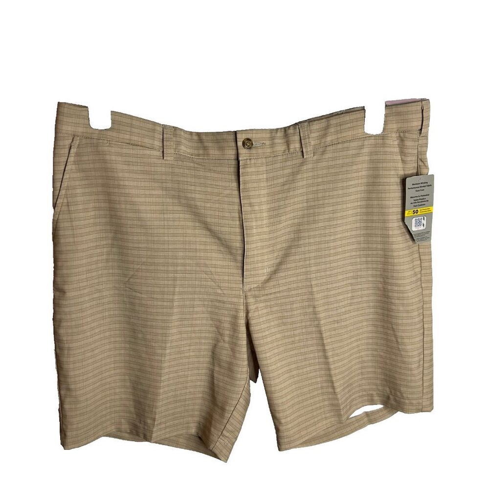 PGA TOUR Men Regular Fit Golf Shorts 40 Beige Plaid